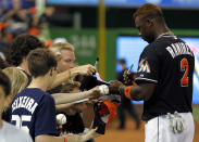 MIAMI, FL - APRIL 13: Third baseman Hanley Ramirez #2 of the Miami Marlins signs autographs before playing against the Houston Astros at Marlins Park on April 13, 2012 in Miami, Florida. (Photo by Marc Serota/Getty Images)