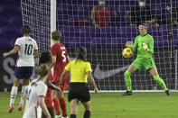 Canada goalkeeper Stephanie Labbe (1) blocks a shot during the first half of a SheBelieves Cup women's soccer match against the United States, Thursday, Feb. 18, 2021, in Orlando, Fla. (AP Photo/Phelan M. Ebenhack)