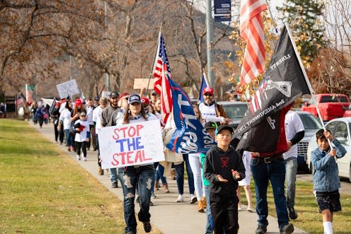 <span class="caption">Some Republicans still believe the 2020 election was "stolen" from Donald Trump.</span> <span class="attribution"><a class="link " href="https://www.shutterstock.com/image-photo/helena-montana-nov-7-2020-protesters-1849449790" rel="nofollow noopener" target="_blank" data-ylk="slk:Lyonstock/Shutterstock;elm:context_link;itc:0;sec:content-canvas">Lyonstock/Shutterstock</a></span>