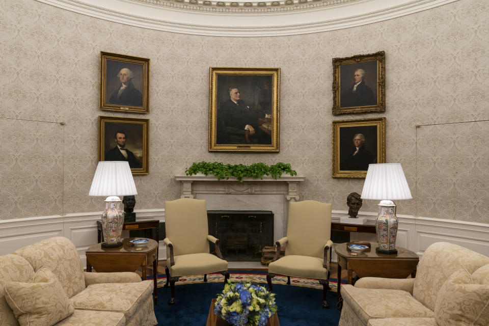 The Oval Office of the White House is newly redecorated for the first day of President Joe Biden's administration, Wednesday, Jan. 20, 2021, in Washington. (AP Photo/Alex Brandon)