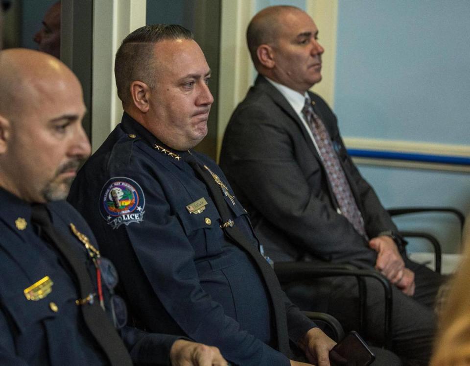 Key Biscayne Police Chief Francis Sousa, center, during a Village Council meeting Feb. 13, 2024. Pedro Portal/pportal@miamiherald.com