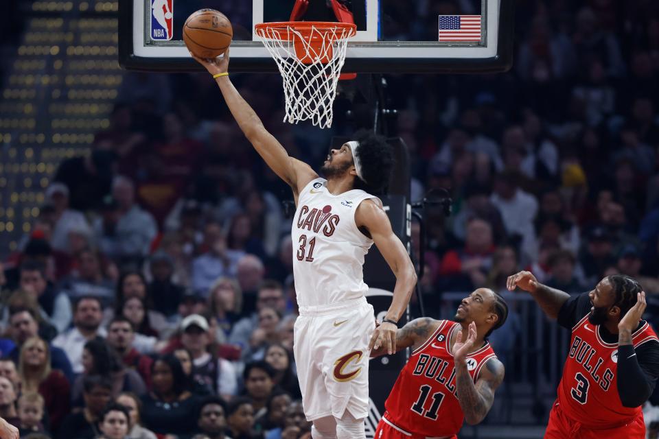 Cleveland Cavaliers center Jarrett Allen (31) shoots against Chicago Bulls forward DeMar DeRozan (11) Saturday night in Cleveland.