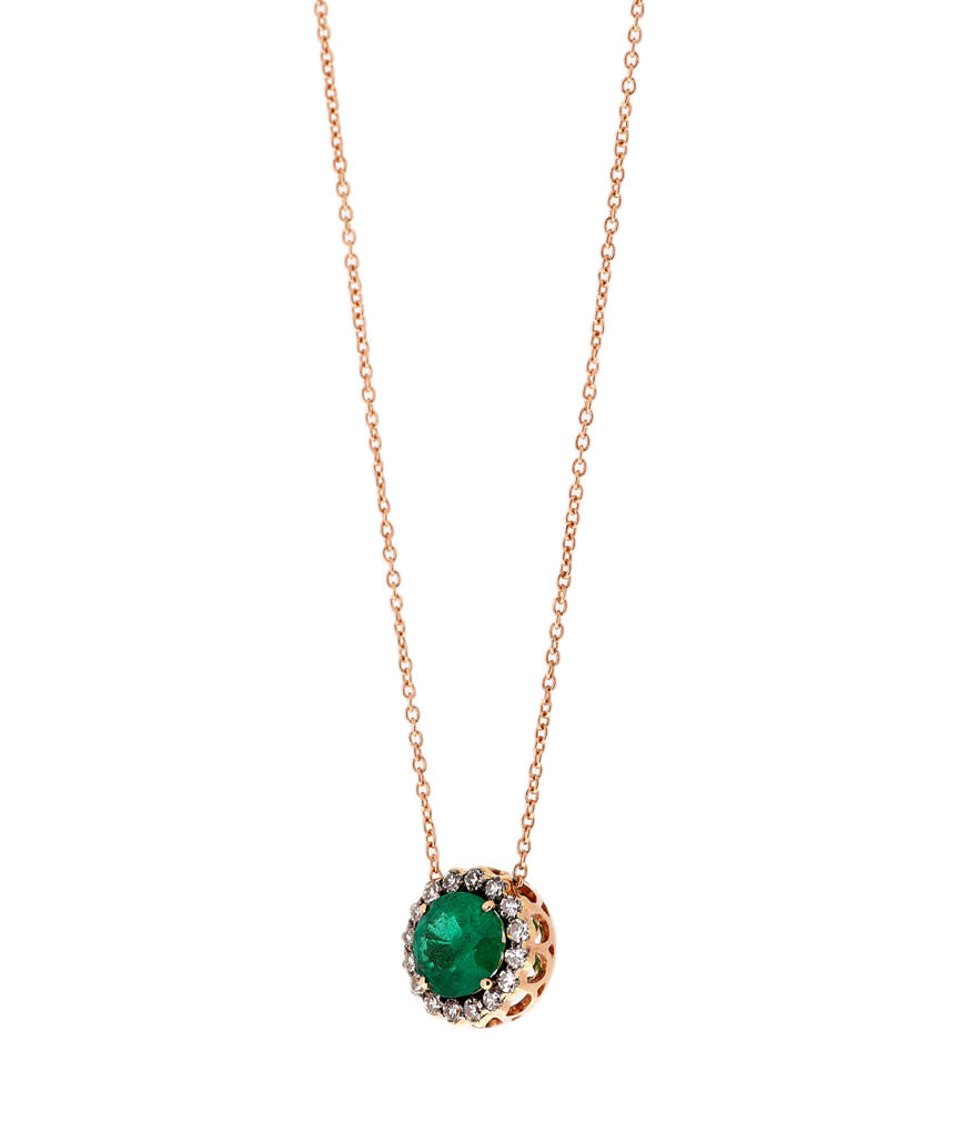 <p>Pendant in Pink Gold set with Diamonds & Emerald, $6,040, <a rel="nofollow noopener" href="https://www.lesleyannjewels.com/" target="_blank" data-ylk="slk:lesleyannjewels.com;elm:context_link;itc:0;sec:content-canvas" class="link ">lesleyannjewels.com</a> </p>