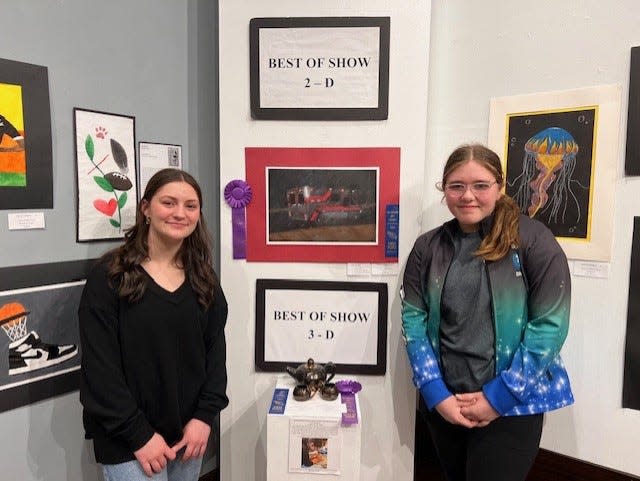 Mary Keil, left, grade 8, Green Middle School, and Grace Conrow, grade 8, Norwayne Middle School, won Best-of-Show honors in the 2024 Wayne County Junior High Art Exhibit.