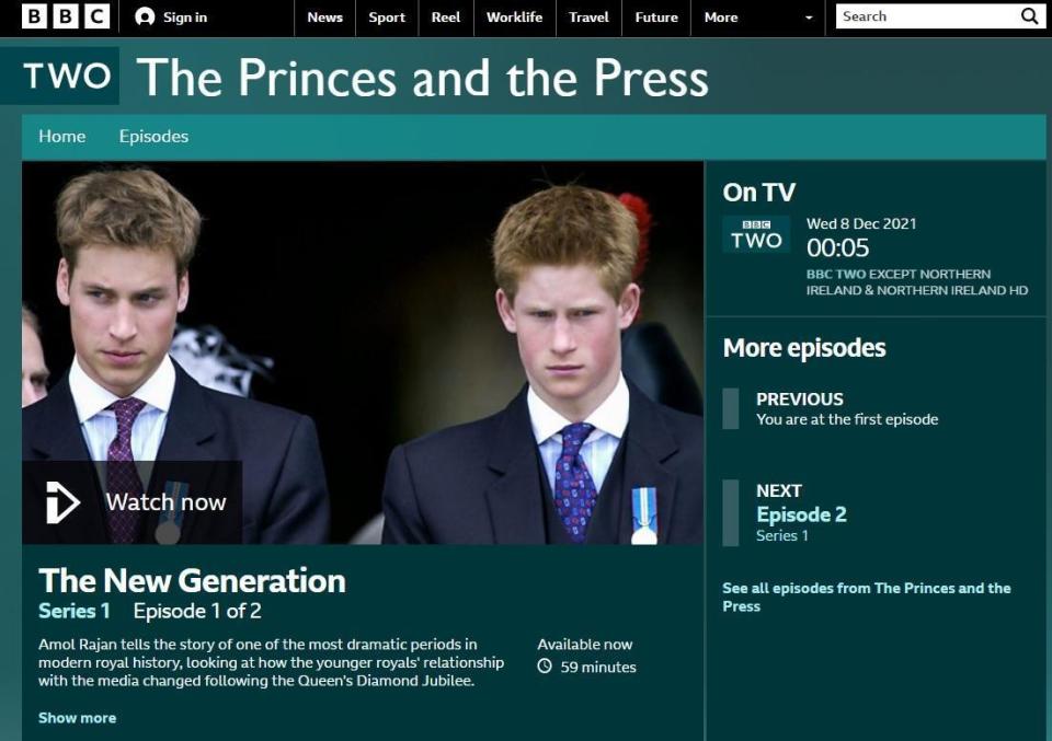 BBC推出紀錄片《王子與媒體》，大爆威廉、哈利兄弟失和內幕，也幫哈利與梅根做了不少平反。（翻攝BBC官網）