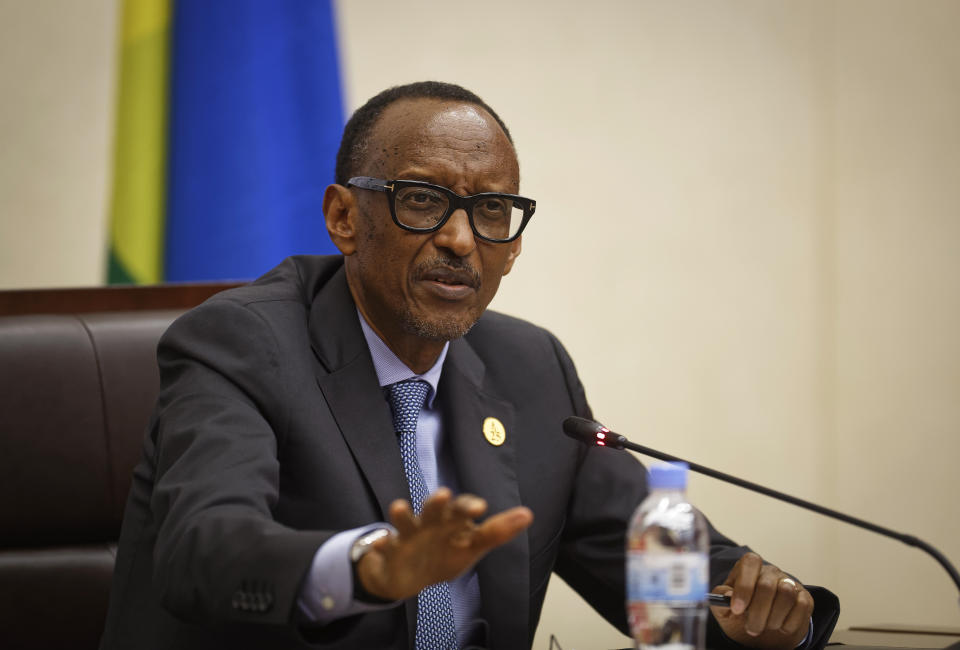 FILE - In this Monday, April 8, 2019 file photo, Rwanda's President Paul Kagame answers questions from the media at a press conference at a convention center in the capital Kigali, Rwanda. A report commissioned by the Rwandan government due to be made public on Monday, April 19, 2021 concludes that the French government bears "significant" responsibility for "enabling a foreseeable genocide" that left more than 800,000 dead in 1994 and that that France "did nothing to stop" the massacres. (AP Photo/Ben Curtis, File)