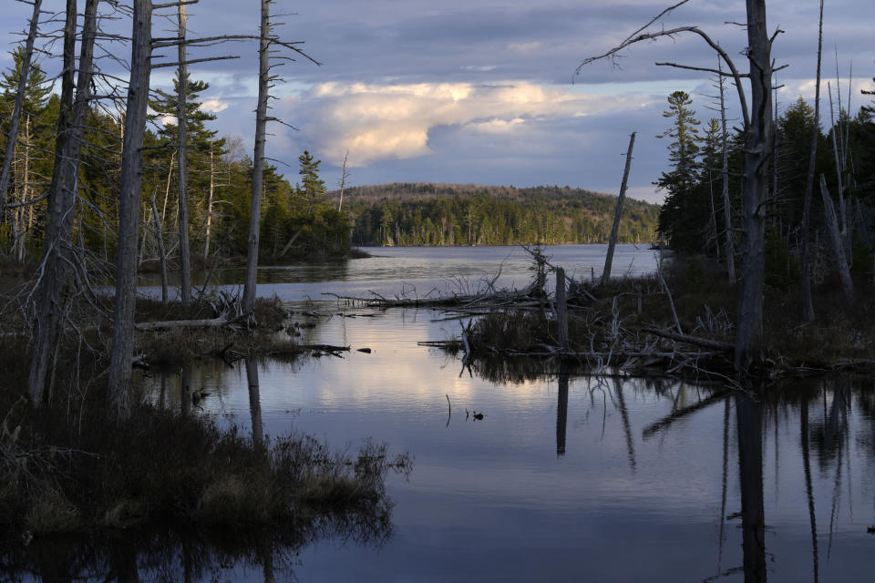 Peaked Mountain Pond near Columbia Falls, Maine, is seen Thursday, April 27, 2023. A prosperous local family hopes to build a $1 billion the world's tallest flagpole and a patriotic-themed park on the wooded mountainside in the distance. (AP Photo/Robert F. Bukaty)