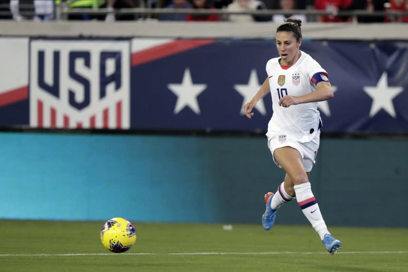 United States forward Carli Lloyd moves the ball against Costa Rica during the first half of an international friendly soccer match Sunday, Nov. 10, 2019, in Jacksonville, Fla. (AP Photo/John Raoux)