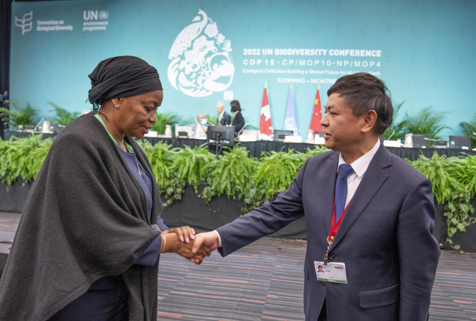 Eve Bazaiba Masudi, Vice-Prime Minister and Environment Minister of the Democratic Republic of Congo, shakes hands with Huang Runqiu, Minister of Ecology and Environment of China and president of the COP15 at the COP15 U.N. conference on biodiversity in Montreal, on Monday, Dec. 19, 2022. (Paul Chiasson/The Canadian Press via AP)