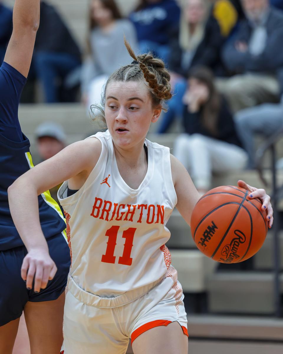 Brighton freshman Grace Houck scored seven second-half points during a 42-35 victory over Hartland Thursday, Jan. 4, 2024.