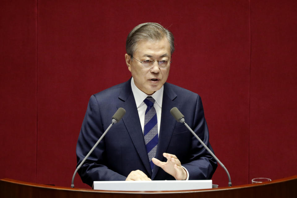 South Korean President Moon Jae-in delivers his speech on the government's 2019 budget proposal during a plenary session at the National Assembly in Seoul, South Korea, Thursday, Nov. 1, 2018. President Moon said Thursday that North Korean leader Kim Jong Un will “soon” visit Seoul as part of a flurry of high-profile diplomacy aimed at ridding North Korea of its nuclear weapons. (Kim Hong-Ji/Pool Photo via AP)