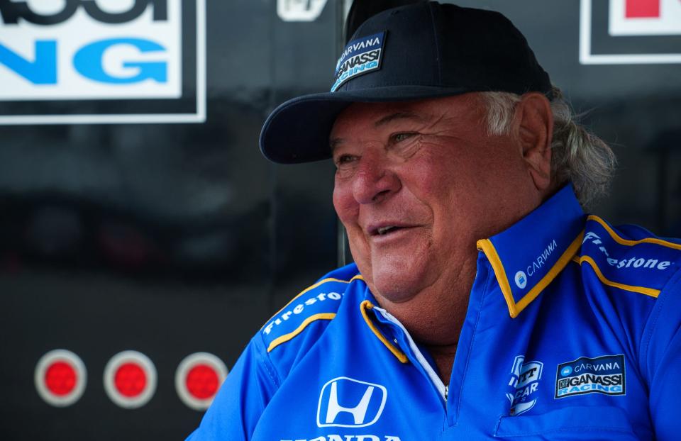 Gary Johnson, father of Chip Ganassi Racing driver Jimmie Johnson, talks about his role as his son's spotter Wednesday, May 18, 2022, at Indianapolis Motor Speedway.