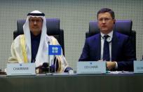 Saudi Arabia's Minister of Energy Prince Abdulaziz bin Salman Al-Saud and Russia's Energy Minister Novak are seen at the beginning of a meeting in Vienna