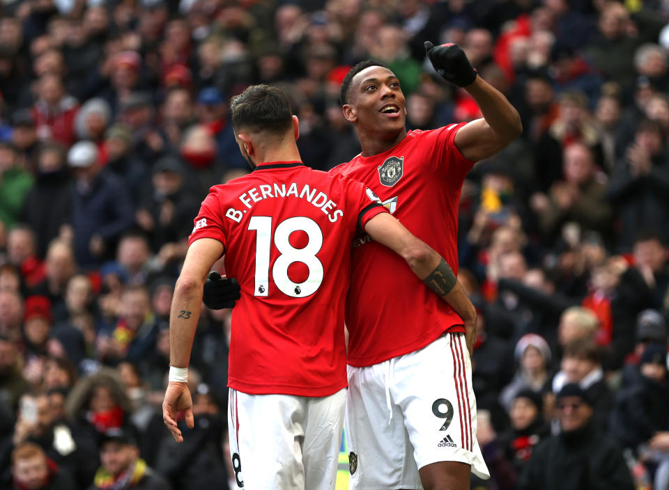 Anthony Martial (9) scored a dazzler and Bruno Fernandes registered his first goal for Manchester United in a win over Watford. (Photo by Clive Brunskill/Getty Images)