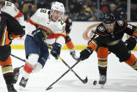 Florida Panthers center Aleksi Saarela, left, and Anaheim Ducks left wing Nick Ritchie vie for the puck during the first period of an NHL hockey game Wednesday, Feb. 19, 2020, in Anaheim, Calif. (AP Photo/Mark J. Terrill)