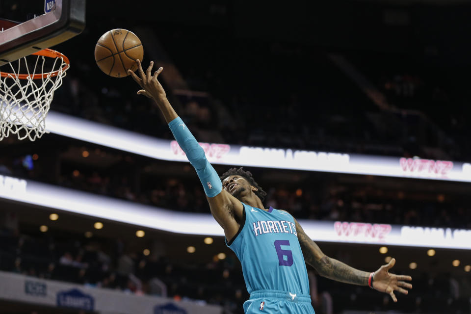 Charlotte Hornets forward Jalen McDaniels releases a shot duirng the first half of the team's NBA basketball game against the New York Knicks in Charlotte, N.C., Wednesday, Feb. 26, 2020. (AP Photo/Nell Redmond)
