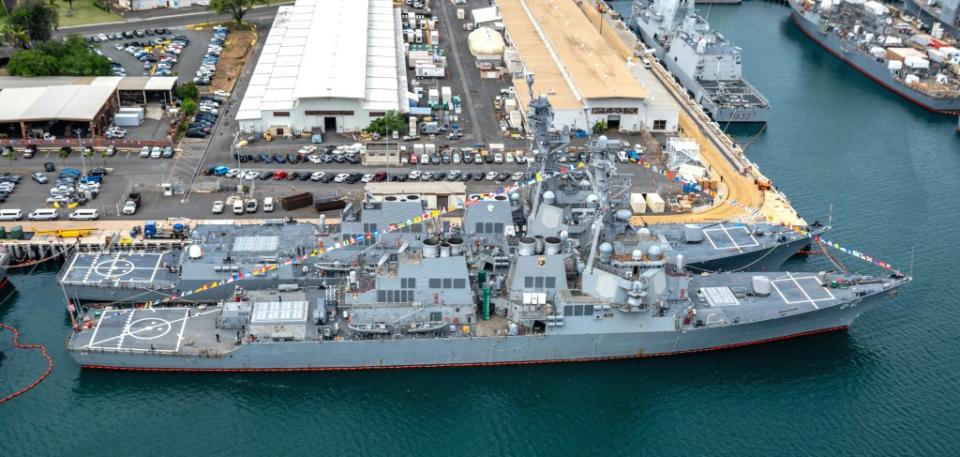 The USS <em>Fitzgerald</em> (DDG-62), in front, along with another <em>Arleigh Burke</em> class destroyer, the USS <em>Carl M. Levin</em> (DDG-120), moored at Pearl Harbor on July 3, 2024. <em>Fitzgerald’s </em>new NSM launchers are visible just to the right of the ship’s aft Mk 41 Vertical Launch System array. USN