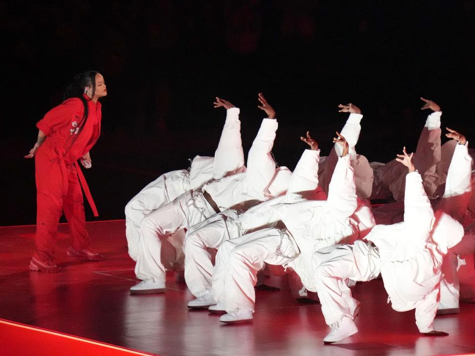 Rihanna performs during the halftime show at Super Bowl LVII.