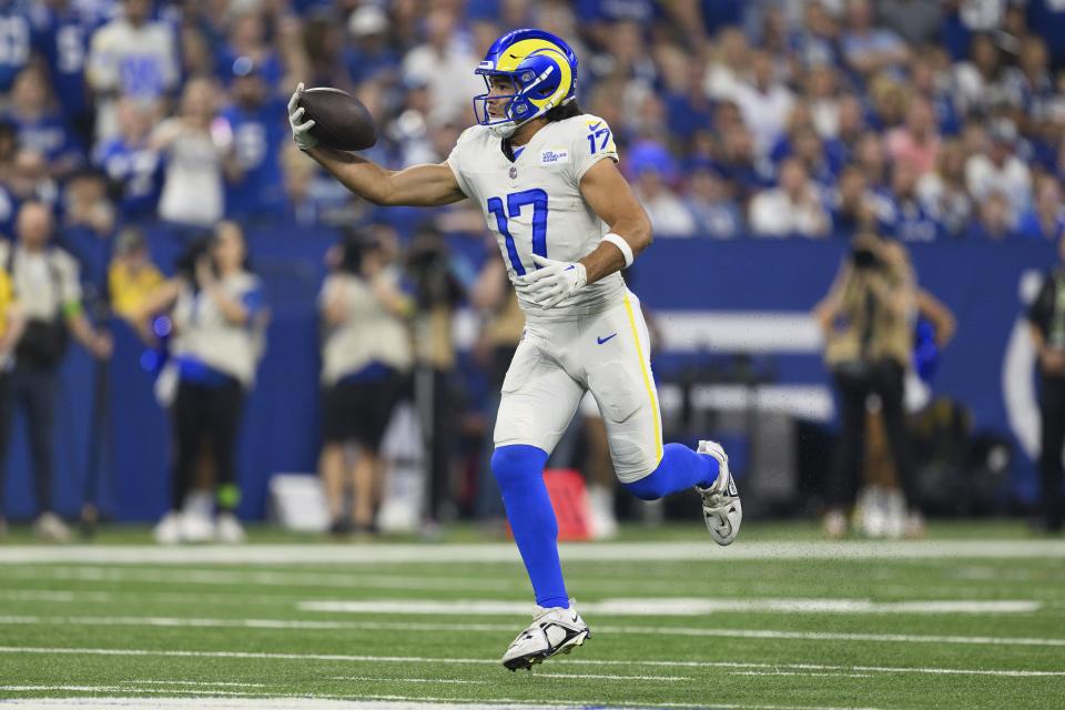 Los Angeles Rams wide receiver Puka Nacua (17) catches a pass over the middle against the Indianapolis Colts during an NFL football game, Sunday, Oct. 1, 2023, in Indianapolis. | Zach Bolinger, Associated Press