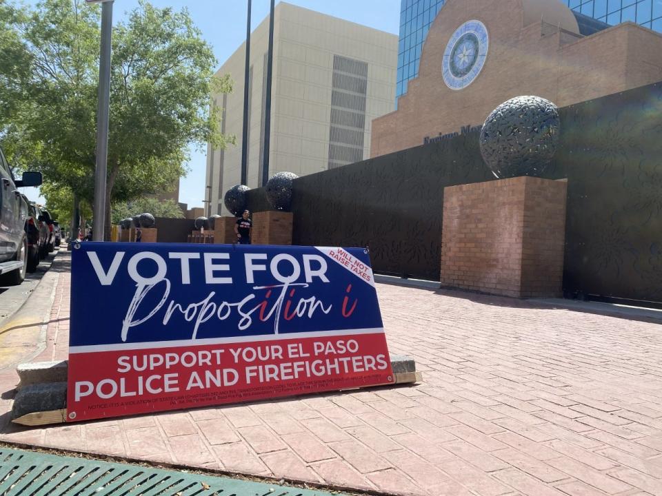 A sign promoting Proposition I sits in the front of the Enrique Moreno County Courthouse in Downtown El Paso as early voting begins. Early voting runs from Monday, April 24, through Tuesday, May 2.