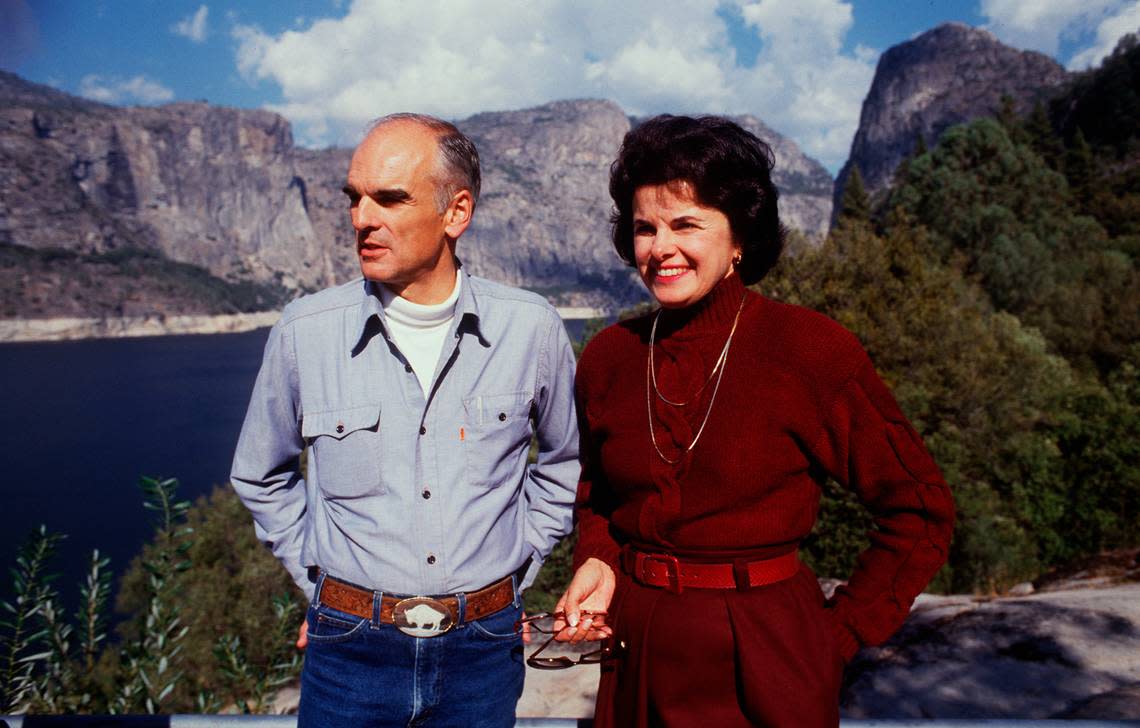 Interior secretary Donald Hodel and San Francisco Mayor Dianne Feinstein talk at the Hetch Hetchy Reservoir in October of 1987.