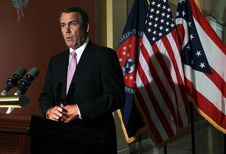 US Speaker of the House Rep. John Boehner makes a statement on the budget negotiations to the media on Capitol Hill in Washington, DC. Ugly public posturing raged between Republicans and Democrats Friday, after a budget impasse left the US government within hours of effectively running out of money and being forced to shut down