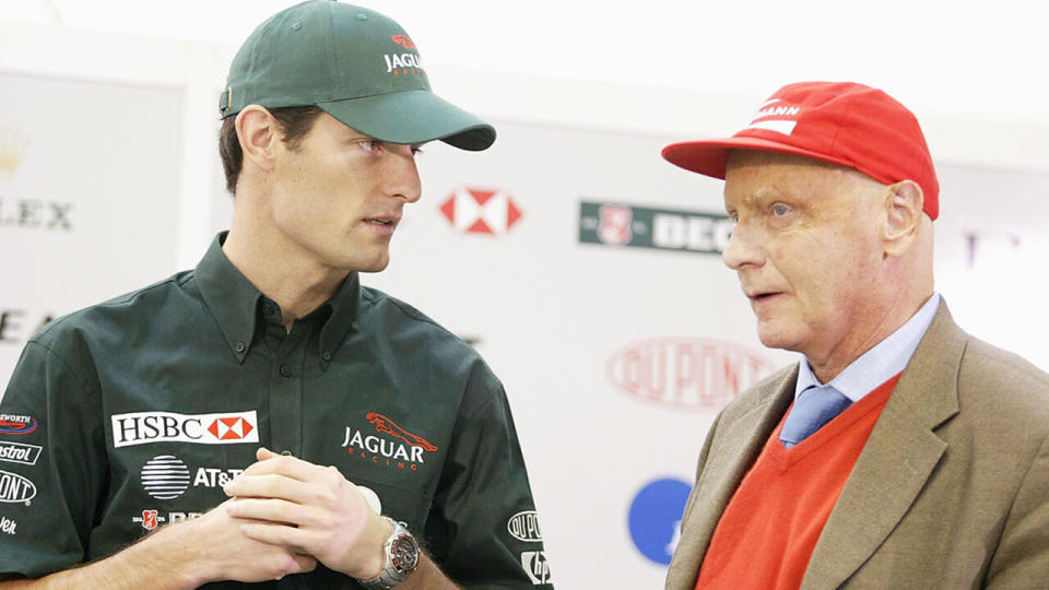 Mark Webber and Niki Lauda during their time working together at Jaguar in 2002.