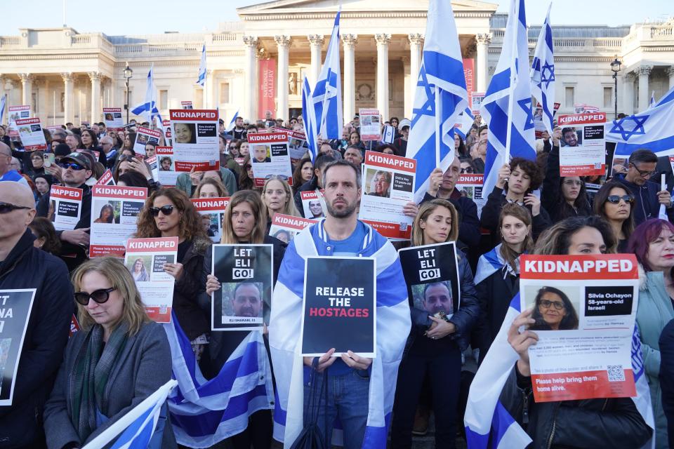 Members of the Jewish community attend a Solidarity Rally in Trafalgar Square, central London, calling for the safe return of hostages (Lucy North/PA Wire)