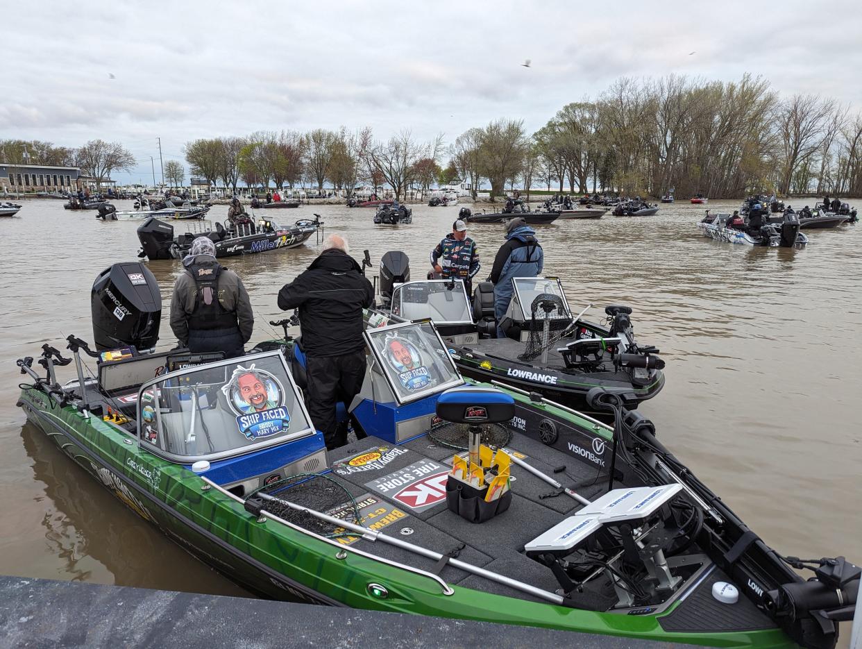 Boats prepare for competition in the 2024 National Walleye Tour in Port Clinton.