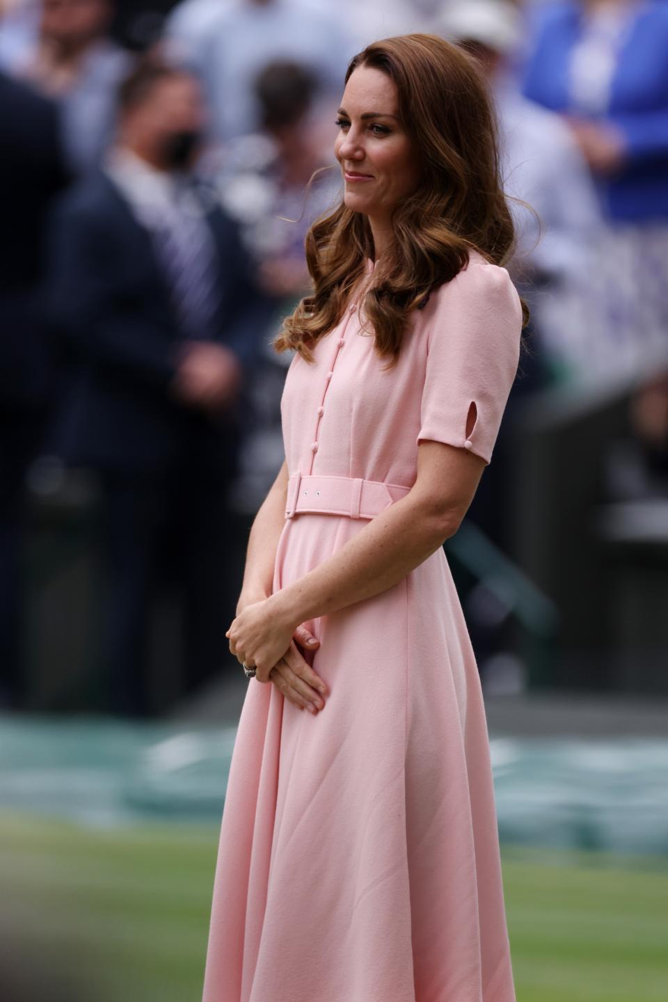 LONDON, ENGLAND - JULY 11: HRH Catherine, Duchess of Cambridge looks on after the men's Singles Final match between Novak Djokovic of Serbia and Matteo Berrettini of Italy on Day Thirteen of The Championships - Wimbledon 2021 at All England Lawn Tennis and Croquet Club on July 11, 2021 in London, England. (Photo by Steven Paston - Pool/Getty Images)