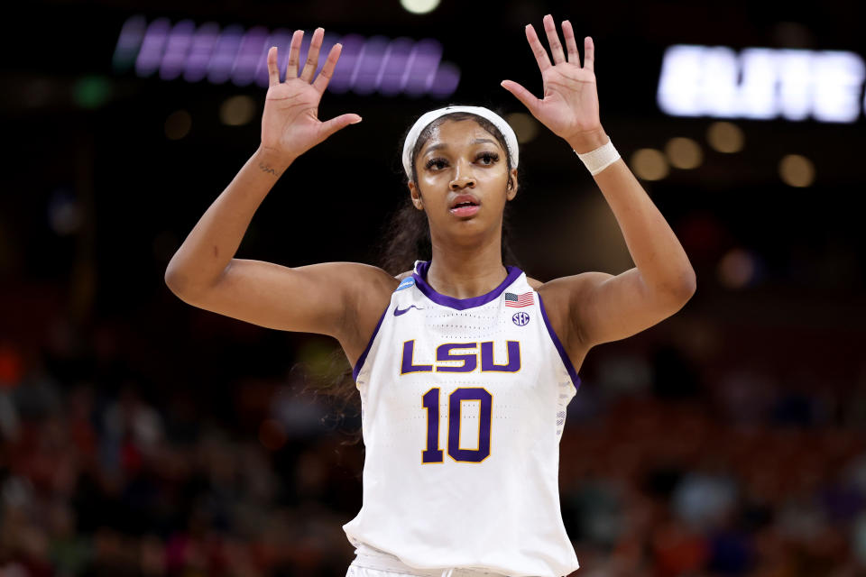 Angel Reese #10 of the LSU Lady Tigers reacts during the third quarter against the Miami Hurricanes in the Elite Eight round of the NCAA Women's Basketball Tournament at Bon Secours Wellness Arena on March 26, 2023 in Greenville, South Carolina. (Photo by Maddie Meyer/Getty Images)