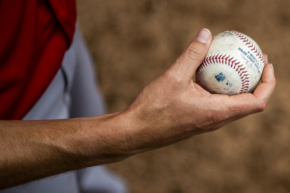 FORT MYERS, FL - FEBRUARY 28:  A detail shot of the grip used by Daniel Gossett #73 of the Boston Red Sox in the bullpen during the Spring Training game the Minnesota Twins at CenturyLink Sports Complex on Sunday, February 28, 2021 in Fort Myers, Florida. (Photo by Adam Glanzman/MLB Photos via Getty Images)