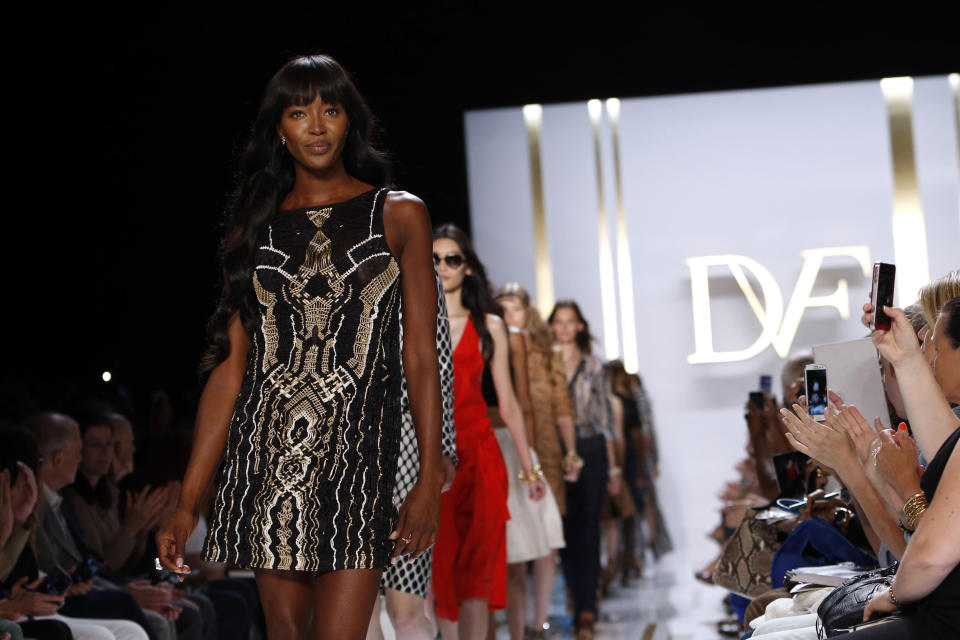 FILE - In this Sunday, Sept. 8, 2013, file photo, Model Naomi Campbell walks the runway in the Diane von Furstenburg Spring 2014 collection show during Fashion Week, in New York. Supermodel Iman has joined with Naomi Campbell and veteran modeling agent Bethann Hardison for an unusual effort they are calling Balance Diversity to bring more black models to the runway (AP Photo/Jason DeCrow)