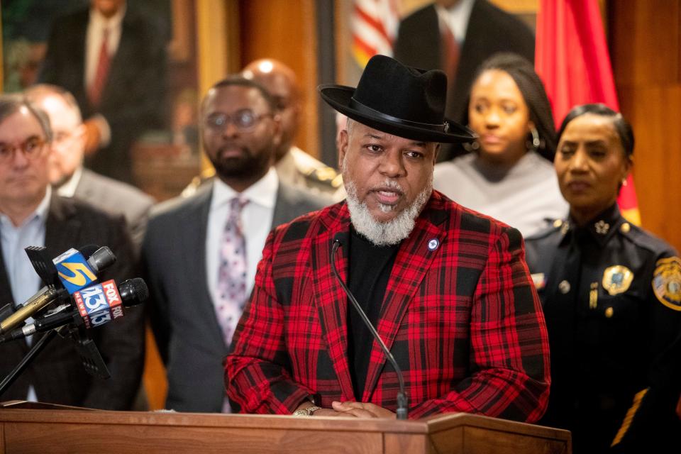 State Rep. Antonio Parkinson speaks during a press conference where Tennessee House Speaker Cameron Sexton announced plans to introduce a bill that would amend the state constitution and allow judges to not set bail for a wider variety of violent charges at Memphis City Hall on Friday, January 26, 2024.