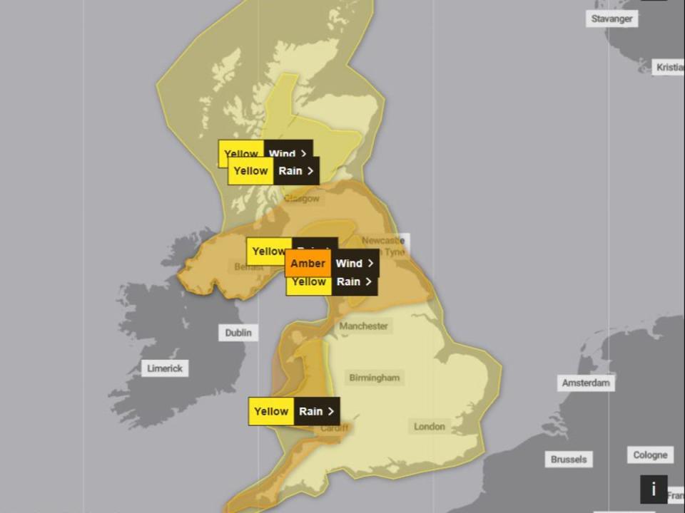Yellow and amber warnings are in place across the UK for rain and wind on Sunday (The Met Office)