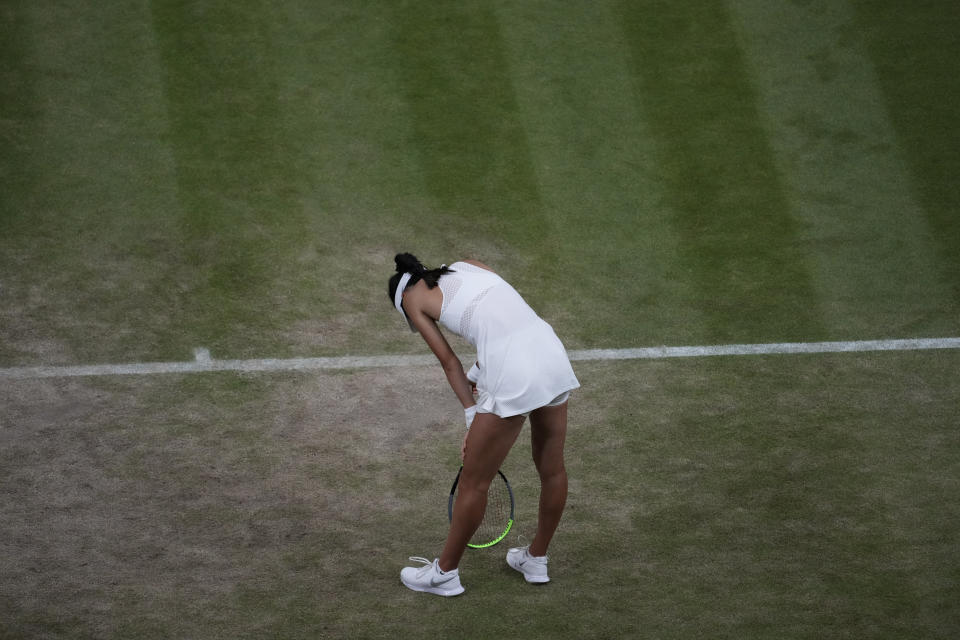 Britain's Emma Raducanu takes a pause during the women's singles fourth round match against Australia's Ajla Tomljanovic on day seven of the Wimbledon Tennis Championships in London, Monday, July 5, 2021. (AP Photo/Alberto Pezzali)