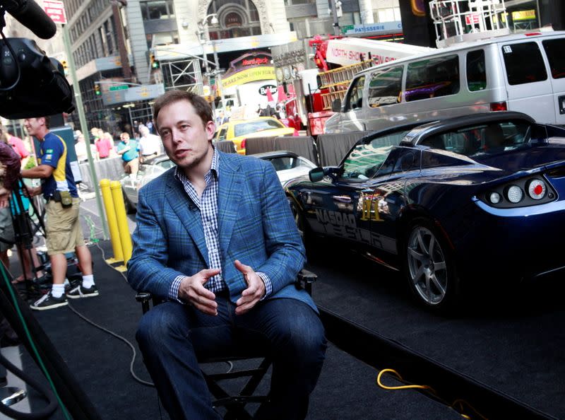 FILE PHOTO: CEO of Tesla Motors Elon Musk speaks during a television interview after his company's initial public offering at the NASDAQ market in New York