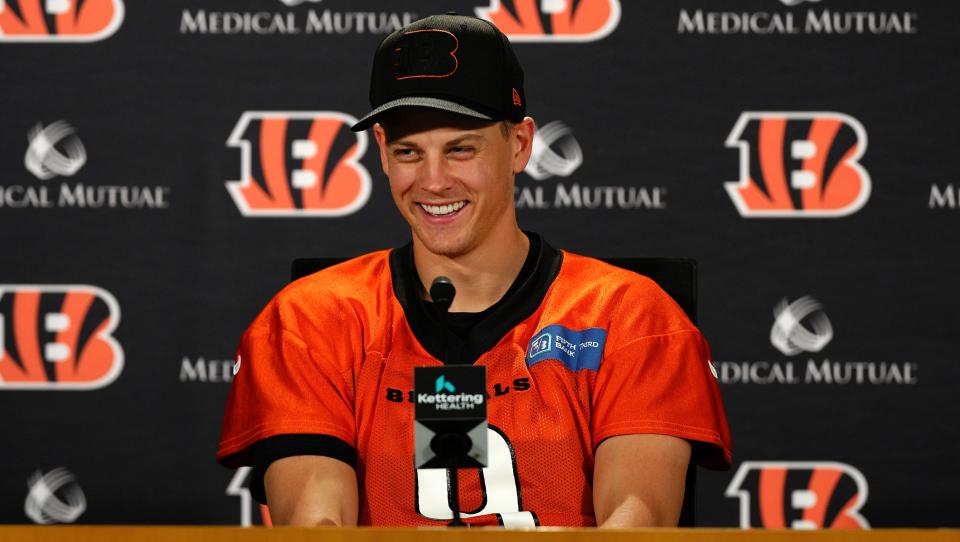 Cincinnati Bengals quarterback Joe Burrow gives his first press conference of the season as he returns from appendectomy surgery on Wednesday, Aug. 17, 2022. 