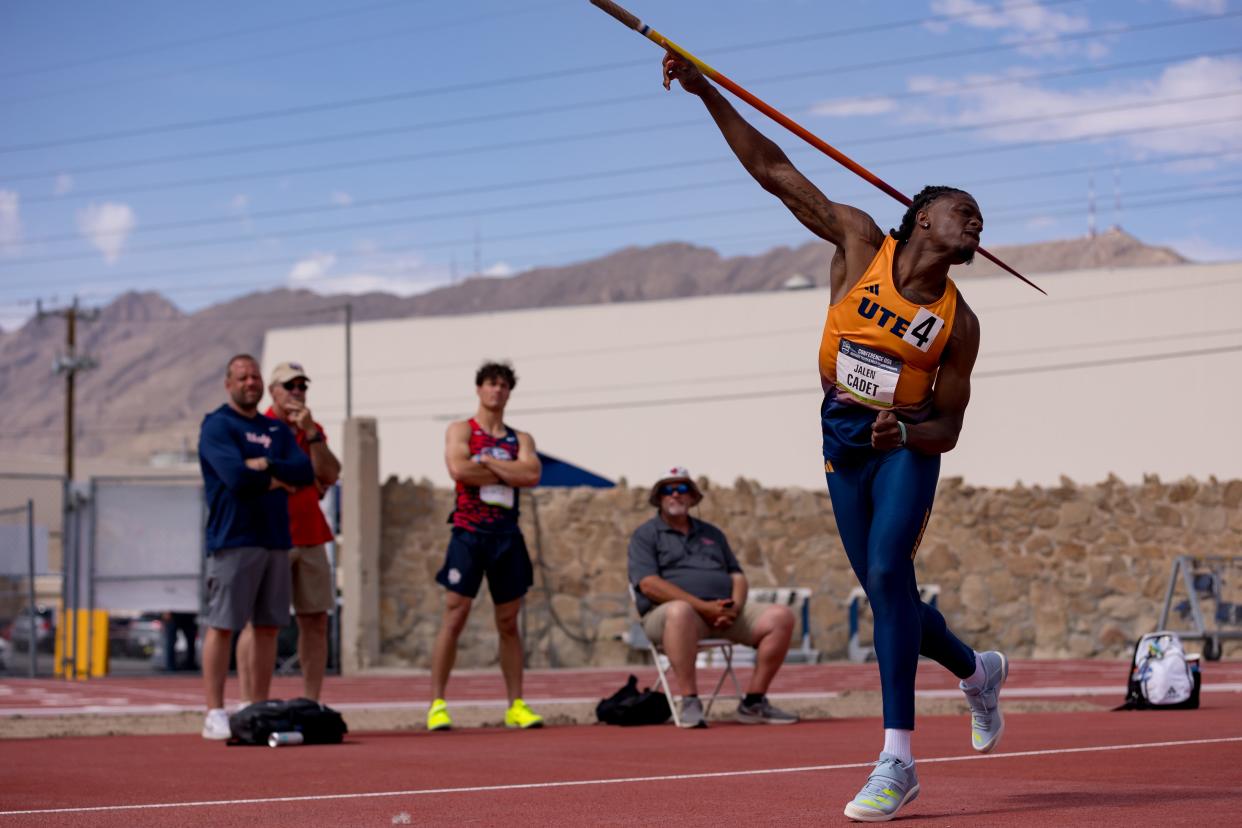 UTEP's Jalen Cadet competes in the men's javelin throw at the Conference USA track and field championships at the Kidd Field at UTEP on Friday, May 10, 2024.