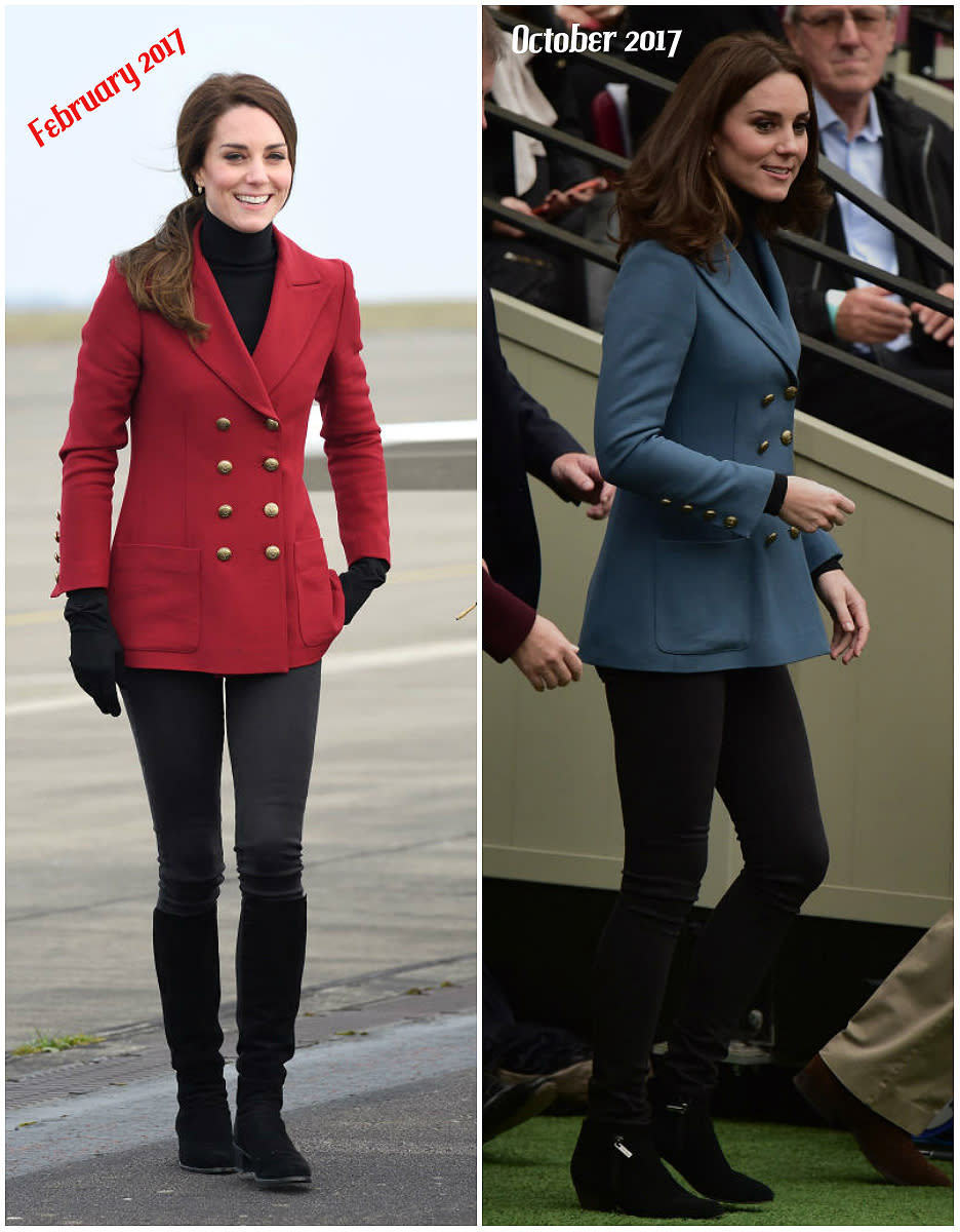 <p><strong>When: Oct. 18, 2017</strong><br>If the blue blazer Kate wore at the Coach Core graduation looks familiar, it’s because the Duchess rocked a burgundy red version of the blazer at a February 2017 Air Cadets event! (<em>Photos: Getty</em>) </p>