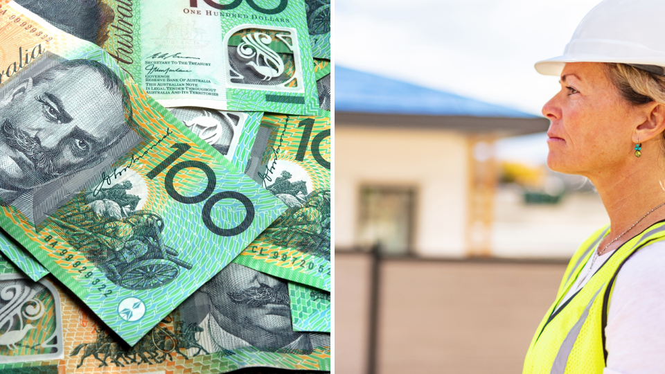 A pile of green coloured 100 bill notes in Australian currency and a female builder wearing a hard hat staring at a house.