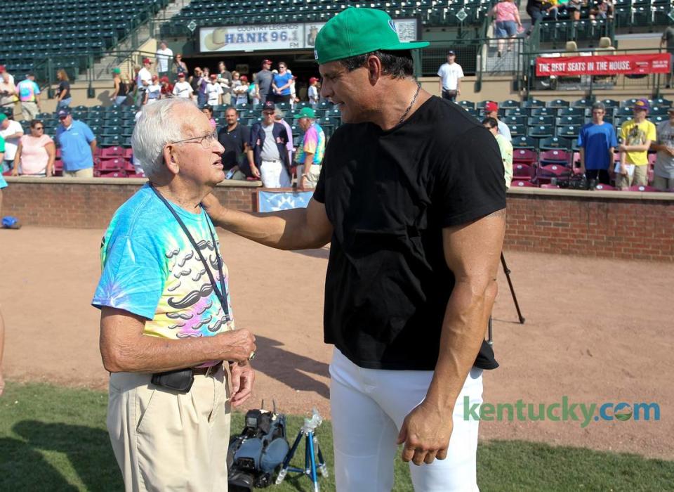 Former Major Leaguer Jose Canseco spoke with Bobby Flynn before the “Home Run Derby” at Whitaker Bank Ballpark.