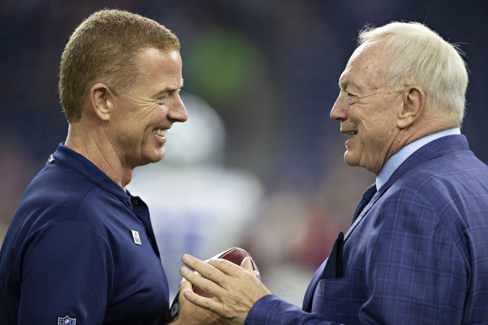 Jerry Jones, right, said Dallas Cowboys head coach Jason Garrett, left, isn't a "yes man." (Wesley Hitt/Getty Images)
