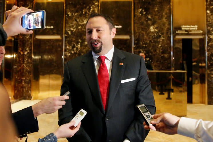 Jason Miller speaks to the media in the lobby of Republican president-elect Donald Trump at Trump Tower. (Photo: Shannon Stapleton/Reuters)