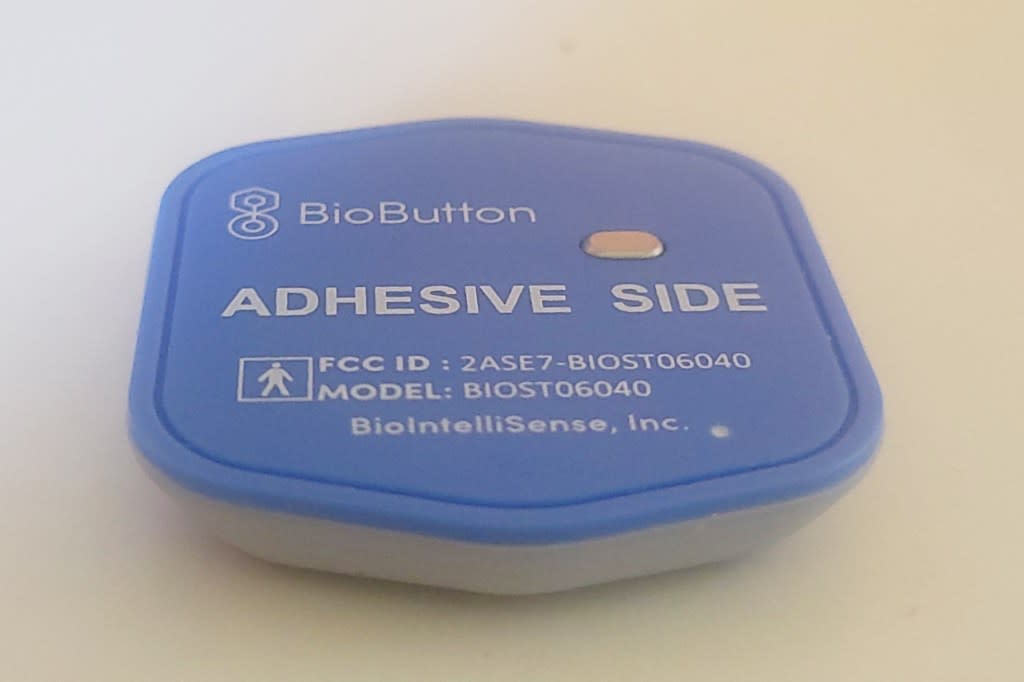 The BioButton, a monitoring device, is being used in dozens of hospitals employing artificial intelligence to analyze patients’ vital signs. (Phil Galewitz/KFF Health News)