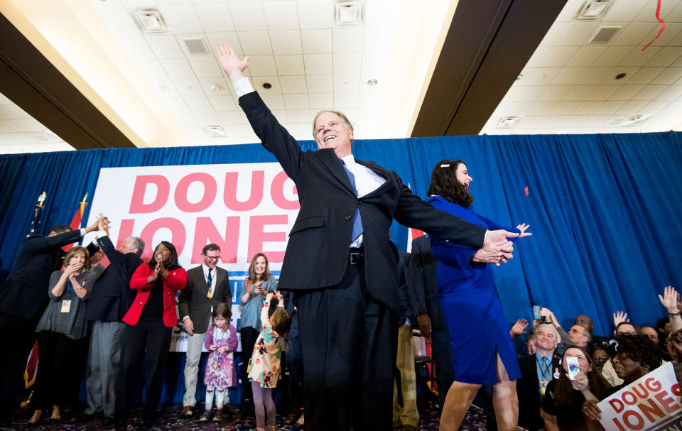 <p>DEC. 12, 2017 – Alabama Democrat Doug Jones and his wife celebrate his victory over Judge Roy Moore at the Sheraton in Birmingham, Ala. Jones faced off against Judge Roy Moore in a special election for Jeff Sessions’ seat in the U.S. Senate. (Photo: Bill Clark/CQ Roll Call via Getty Images) </p>