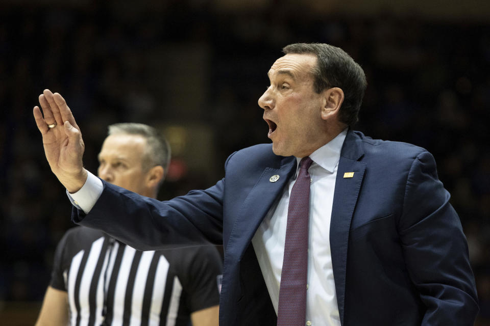 Duke coach Mike Krzyzewski directs his team during the first half of an NCAA college basketball game against Georgia State in Durham, N.C., Friday, Nov. 15, 2019. (AP Photo/Ben McKeown)