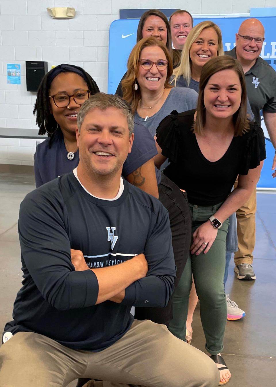 Mitchell Cox (front), new principal at Hardin Valley Academy, with his team of assistant principals Aug. 2, 2023: Tia Shack, Jennifer Vacek, Dr. Amber Roberts, Nicole Slayton, Lauren White, Mike Mullins and Ryan McDonough.