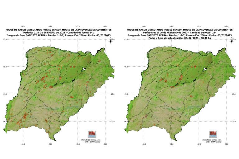 El mapa con los focos de calor del Instituto del Clima y Agua del INTA Castelar