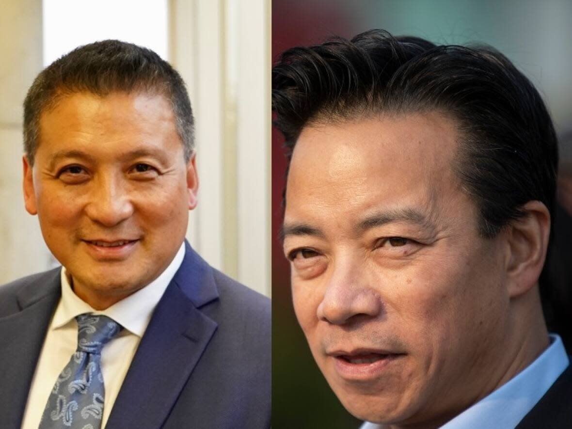 From left to right, Prince George's Simon Yu, Vancouver's Ken Sim and Williams Lake's Surinderpal Rathor were elected mayors on Oct. 15, becoming the first people of colour to lead their communities. (Nadia Mansour/CBC, Ben Nelms/CBC, Surinderpal Rathor/Facebook - image credit)